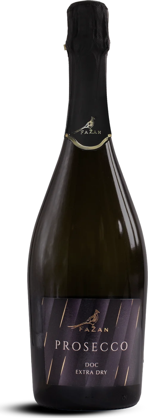 Bottiglia di Prosecco DOC Fazan, etichetta nera e oro